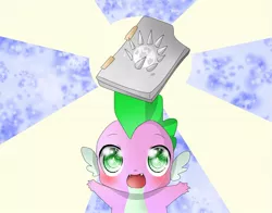 Size: 1509x1185 | Tagged: safe, artist:thegreatrouge, derpibooru import, spike, inspiration manifestation, book, cute, inspiration manifestation book, solo, spikabetes, the binding of isaac