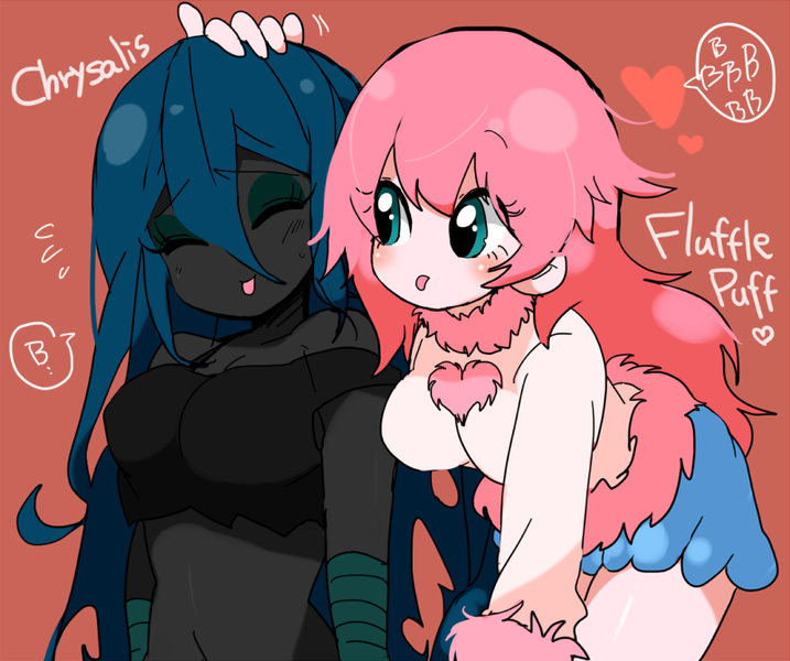 Size: 800x669 | Tagged: safe, artist:oniku, derpibooru import, queen chrysalis, oc, oc:fluffle puff, equestria girls, blushing, breasts, busty fluffle puff, busty queen chrysalis, canon x oc, chrysipuff, equestria girls-ified, explicit source, female, japanese, lesbian, pixiv, shipping, tongue out