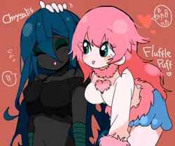 Size: 800x669 | Tagged: safe, artist:oniku, derpibooru import, queen chrysalis, oc, oc:fluffle puff, equestria girls, blushing, breasts, busty fluffle puff, busty queen chrysalis, canon x oc, chrysipuff, equestria girls-ified, explicit source, female, japanese, lesbian, pixiv, shipping, tongue out