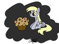Size: 1024x768 | Tagged: safe, artist:th3applejack, derpibooru import, derpy hooves, pegasus, pony, abstract background, cute, digital art, muffin, sitting, solo