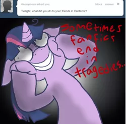 Size: 494x486 | Tagged: artist needed, ask, derpibooru import, fanfic, friendship is witchcraft, read it and sleep, semi-grimdark, solo, squishy cheeks, tragedy, tumblr, twilight loves fanfiction, twilight snapple, twilight sparkle