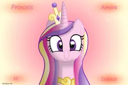 Size: 900x600 | Tagged: artist:albinon, c:, cross-eyed, cute, derpibooru import, looking at you, princess cadance, safe, simple background, smiling, solo