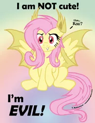 Size: 695x900 | Tagged: safe, artist:tcat, derpibooru import, fluttershy, bat pony, pony, :t, blatant lies, card carrying villain, clothes, costume, cute, cute little fangs, evil, fangs, flutterbat, fluttertsun, hilarious in hindsight, i'm not cute, looking at you, pure unfiltered evil, raised hoof, rawr, shyabates, shyabetes, sitting, solo, spread wings, tsundere