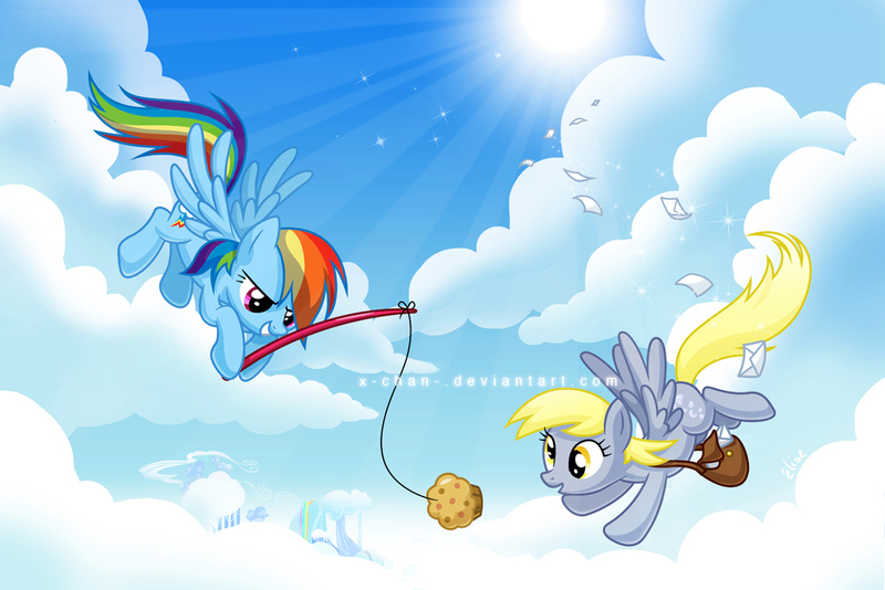 Size: 1000x667 | Tagged: safe, artist:x-chan-, derpibooru import, derpy hooves, rainbow dash, pegasus, pony, female, fishing rod, flying, mailbag, mare, muffin