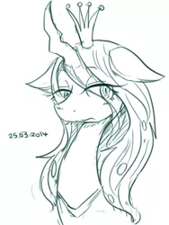Size: 395x525 | Tagged: safe, artist:divided-s, derpibooru import, queen chrysalis, changeling, changeling queen, female, monochrome, pixiv, solo