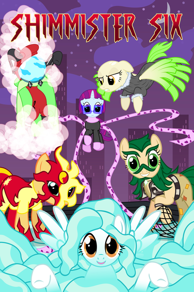 Size: 4666x7000 | Tagged: safe, artist:violetclm, derpibooru import, cherry crash, drama letter, mystery mint, paisley, sunset shimmer, sweet leaf, watermelody, ponified, pony, raccoon, equestria girls, absurd resolution, background human, bald, beret, clothes, doctor octopus, electro, equestria girls ponified, hydro-man, kraven the hunter, mask, mysterio, net, sandman, scarf, shimmer six, shocker, sinister six, spider-man, the vulture