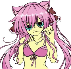 Size: 1280x1242 | Tagged: annoyed, anthro, artist:bees, bikini top, breasts, cat ears, collar, delicious flat chest, derpibooru import, female, flattershy, fluttercat, fluttershy, solo, solo female, suggestive