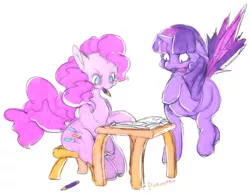 Size: 500x387 | Tagged: safe, artist:purochen, derpibooru import, pinkie pie, twilight sparkle, twilight sparkle (alicorn), alicorn, pony, 30 minute art challenge, book, female, floppy ears, mare, mouth hold, open mouth, pencil, raised hoof, shocked, sitting, wide eyes