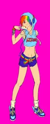 Size: 2031x4958 | Tagged: artist:yuzhou, belly button, clothes, daisy dukes, derpibooru import, headphones, human, humanized, midriff, pixiv, rainbow dash, safe, solo