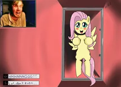 Size: 1400x1000 | Tagged: artist:sonikku001, blushing, crossover, cute, derpibooru import, fluttershy, human, looking at you, open mouth, pewdiepie, playing, reaction, safe, scared, scp foundation, smiling, this will end in death