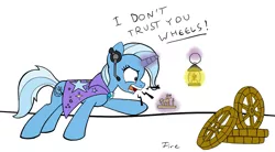 Size: 1179x653 | Tagged: safe, artist:firehazard14, derpibooru import, trixie, pony, unicorn, amnesia, amnesia the dark descent, angry, female, glare, headset, i dont trust you, mare, oil lamp, open mouth, pewdiepie, playing, pointing, solo, stephano, wheel, wheels trixie, wide eyes, yelling