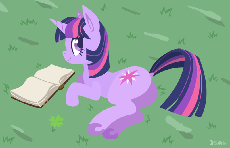 Size: 900x582 | Tagged: safe, artist:livesmutanon, derpibooru import, twilight sparkle, pony, babscon, book, clover, dock, female, four leaf clover, looking at you, looking back, looking back at you, mare, plot, side, smiling, solo, underhoof