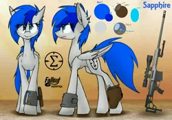 Size: 5362x3743 | Tagged: safe, artist:ralek, derpibooru import, oc, oc:sapphire sights, unofficial characters only, pegasus, pony, fallout equestria, cutie mark, female, gun, hooves, mare, optical sight, pipbuck, reference sheet, rifle, sniper rifle, solo, weapon, wings