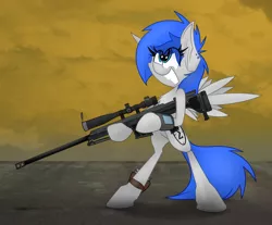 Size: 1600x1323 | Tagged: safe, artist:ralek, derpibooru import, oc, oc:sapphire sights, unofficial characters only, pegasus, pony, fallout equestria, bipedal, chest fluff, cutie mark, ear piercing, female, grin, gun, hoof hold, hooves, mare, optical sight, piercing, pipbuck, rifle, scope, smiling, sniper rifle, solo, spread wings, teeth, weapon, wings