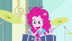 Size: 960x540 | Tagged: safe, derpibooru import, screencap, pinkie pie, equestria girls, pinkie on the one, rainbow rocks, animated, drum kit, drums, messy mane, musical instrument, open mouth, panting, ponied up, raised eyebrow, smiling, solo, tongue out