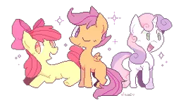 Size: 267x160 | Tagged: safe, artist:milkii-ways, derpibooru import, apple bloom, scootaloo, sweetie belle, earth pony, pegasus, pony, unicorn, bow, cutie mark crusaders, female, filly, hair bow, horn, one eye closed, open mouth, pixel art, simple background, smiling, sparkles, white background, wings, wink