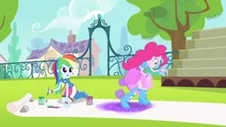 Size: 1440x810 | Tagged: safe, derpibooru import, screencap, pinkie pie, rainbow dash, equestria girls, pinkie on the one, rainbow rocks, banner, boots, bracelet, clothes, glitter, high heel boots, jewelry, out of context, paintbrush, skirt, soccer field