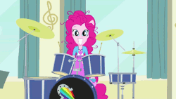 Size: 960x540 | Tagged: safe, derpibooru import, screencap, pinkie pie, equestria girls, pinkie on the one, rainbow rocks, animated, ba dum tss, cute, diapinkes, drum kit, drums, grin, looking at you, messy mane, musical instrument, open mouth, ponied up, rimshot, smiling, solo, squee