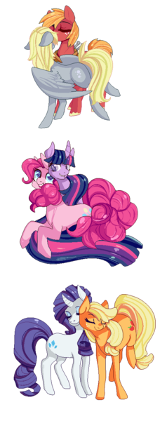 Size: 556x1401 | Tagged: safe, artist:burgerlicious, derpibooru import, applejack, big macintosh, derpy hooves, pinkie pie, rarity, twilight sparkle, pegasus, pony, derpymac, female, kissing, lesbian, male, mare, rarijack, shipping, straight, twinkie