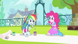 Size: 1440x810 | Tagged: safe, derpibooru import, screencap, pinkie pie, rainbow dash, equestria girls, pinkie on the one, rainbow rocks, balloon, boots, bracelet, clothes, cute, fence, grass, high heel boots, house, jewelry, paintbrush, rock, skirt, tree, wristband