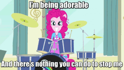 Size: 960x540 | Tagged: safe, derpibooru import, screencap, pinkie pie, equestria girls, pinkie on the one, rainbow rocks, and nopony can stop me, animated, ba dum tss, cute, diapinkes, drum kit, drums, image macro, meme, musical instrument, ponied up, rimshot, solo