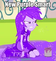 Size: 753x821 | Tagged: safe, derpibooru import, screencap, rainbow dash, twilight sparkle, equestria girls, pinkie on the one, rainbow rocks, angry, covered, frown, glare, glitter, gritted teeth, image macro, kneeling, meme, purple dash, purple smart, rainbow dash is not amused, solo, sparkles