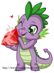 Size: 523x700 | Tagged: safe, artist:rosenightshade, derpibooru import, spike, dragon, baby, baby dragon, cute, gem, heart, male, one eye closed, one eye open, signature, simple background, solo, spikabetes, watermark