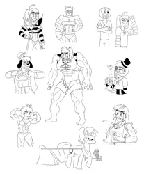 Size: 2103x2541 | Tagged: artist:advanceddefense, bikini, button popping, clothes, compilation, derpibooru import, farming, flexing, furry, kamui, kill la kill, like a sir, lineart, monochrome, muscle expansion, muscles, oc, princess peach, safe, super mario bros., swimsuit, transformation, twilight sparkle, viola strum, werelight shine