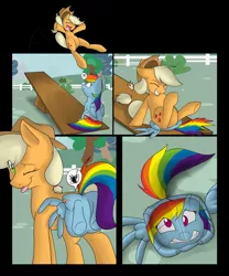 Size: 1067x1280 | Tagged: safe, artist:tlem-dna-talf, derpibooru import, applejack, rainbow dash, earth pony, pegasus, pony, applebuck season, alternate scenario, cartoon physics, comic, facesitting, female, flattened, jumping, mare, seesaw, silly, silly pony, tongue out, who's a silly pony, wink