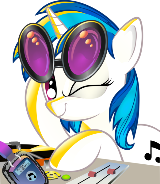 Size: 5541x6374 | Tagged: safe, artist:andypriceart, artist:gray-gold, derpibooru import, vinyl scratch, pony, unicorn, absurd resolution, cutie mark, female, headphones, hooves, horn, mare, simple background, smiling, solo, sunglasses, transparent background, turntable, vector, wink