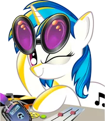 Size: 5541x6374 | Tagged: safe, artist:andypriceart, artist:gray-gold, derpibooru import, vinyl scratch, pony, unicorn, absurd resolution, cutie mark, female, headphones, hooves, horn, mare, simple background, smiling, solo, sunglasses, transparent background, turntable, vector, wink