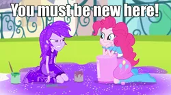 Size: 1024x569 | Tagged: safe, derpibooru import, edit, edited screencap, screencap, pinkie pie, rainbow dash, equestria girls, pinkie on the one, rainbow rocks, caption, condescending wonka, covered, glitter, image macro, meme, purple dash, you must be new here