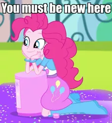 Size: 575x633 | Tagged: safe, derpibooru import, screencap, pinkie pie, equestria girls, pinkie on the one, rainbow rocks, balloon, boots, bracelet, clothes, condescending wonka, cute, diapinkes, high heel boots, jewelry, meme, roflbot, skirt, solo, you must be new here