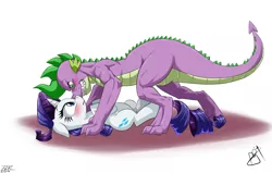 Size: 1200x763 | Tagged: suggestive, artist:pia-sama, derpibooru import, rarity, spike, dragon, pony, blushing, dragon on pony action, eye contact, eyeshadow, female, floppy ears, grin, gritted teeth, imminent sex, interspecies, looking at each other, makeup, male, older, older spike, on back, on top, shipping, smiling, sparity, spike want, straight