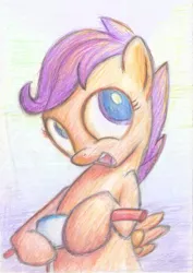 Size: 825x1163 | Tagged: artist:aemantaslim, colored pencil drawing, derpibooru import, safe, scootaloo, scooter, solo, traditional art