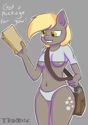 Size: 4795x6781 | Tagged: absurd resolution, anthro, artist:tetrodotoxine, belly button, breasts, busty derpy hooves, clothes, derpibooru import, derpy hooves, female, letter, mailbag, mailmare, panties, solo, solo female, suggestive, underboob, underwear