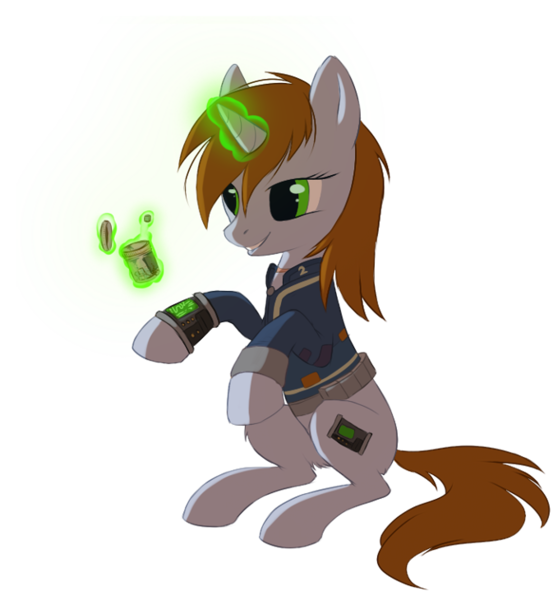 Size: 679x730 | Tagged: safe, artist:hioshiru, derpibooru import, oc, oc:littlepip, unofficial characters only, pony, unicorn, fallout equestria, fanfic, clothes, drugs, fallout, fanfic art, female, glowing horn, hooves, horn, levitation, magic, mare, mint-als, party time mintals, pipbuck, simple background, sitting, smiling, solo, teeth, telekinesis, transparent background, vault suit