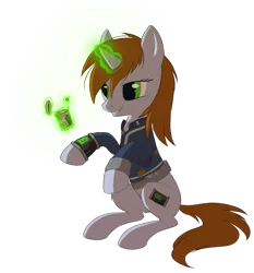 Size: 679x730 | Tagged: safe, artist:hioshiru, derpibooru import, oc, oc:littlepip, unofficial characters only, pony, unicorn, fallout equestria, fanfic, clothes, drugs, fallout, fanfic art, female, glowing horn, hooves, horn, levitation, magic, mare, mint-als, party time mintals, pipbuck, simple background, sitting, smiling, solo, teeth, telekinesis, transparent background, vault suit