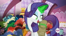 Size: 1454x808 | Tagged: derpibooru import, hub logo, inspirarity, inspiration manifestation, magic, rarity, safe, screencap, solo