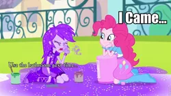 Size: 960x540 | Tagged: suggestive, derpibooru import, edit, edited screencap, screencap, pinkie pie, rainbow dash, equestria girls, pinkie on the one, rainbow rocks, caption, covered, glitter, i came, implied orgasm, purple dash