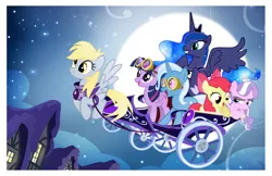 Size: 1400x906 | Tagged: safe, artist:pixelkitties, derpibooru import, apple bloom, derpy hooves, diamond tiara, princess luna, trixie, twilight sparkle, twilight sparkle (alicorn), alicorn, pony, chariot, female, goggles, mare, moon