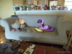 Size: 1252x939 | Tagged: artist:digitalpheonix, artist:takua770, book, couch, crossover, derpibooru import, irl, kitchen, linus van pelt, peanuts, photo, ponies in real life, reading, safe, shadow, table, twilight sparkle, vector