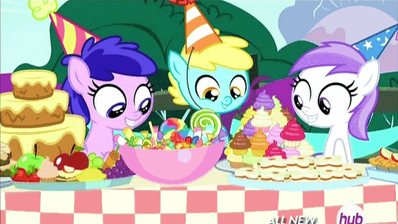 Size: 576x324 | Tagged: safe, derpibooru import, screencap, plumberry, titania, unnamed pony, earth pony, pegasus, shrimp, inspiration manifestation, 5-year-old, animated, apple, bowl, cake, candy, colt, cupcake, cute, dilated pupils, eye shimmer, filly, floppy ears, food, frown, fruit, grin, hat, hors d'oeuvre, hubble, hub logo, male, open mouth, party hat, plate, sad, smiling, the hub