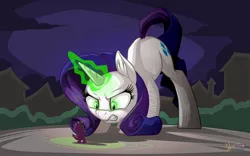 Size: 2560x1600 | Tagged: safe, artist:mysticalpha, derpibooru import, rarity, spike, pony, inspiration manifestation, corrupted, giant pony, giantess, glowing eyes, green magic, inspirarity, macro, magic, possessed, size difference, wallpaper