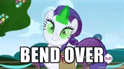 Size: 500x280 | Tagged: bend over, corrupted, derpibooru import, edit, edited screencap, green magic, hub logo, imminent rape, imminent sex, implied rape, inspirarity, inspiration manifestation, magic, possessed, rarity, screencap, suggestive, the hub