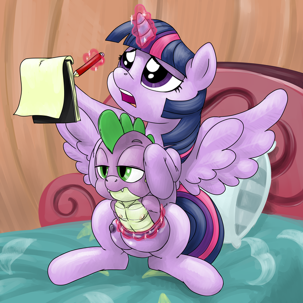 Size: 5000x5000 | Tagged: questionable, artist:smudge proof, derpibooru import, spike, twilight sparkle, twilight sparkle (alicorn), alicorn, pony, absurd resolution, annoyed, bed, breast vore, commission, crotchboobs, female, fetish, foalcon, impossibly large crotchboobs, magic, male, mare, nipple penetration, nipples, notebook, nudity, shipping, straight, twipred, twispike, unimpressed, vore, wat