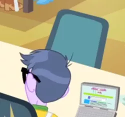 Size: 337x316 | Tagged: safe, derpibooru import, screencap, applejack, microchips, pinkie pie, equestria girls, pinkie on the one, rainbow rocks, 4chan, background human, cafeteria, chair, computer, glasses, it begins, it's happening, laptop computer, reference, sitting, solo, table, they know