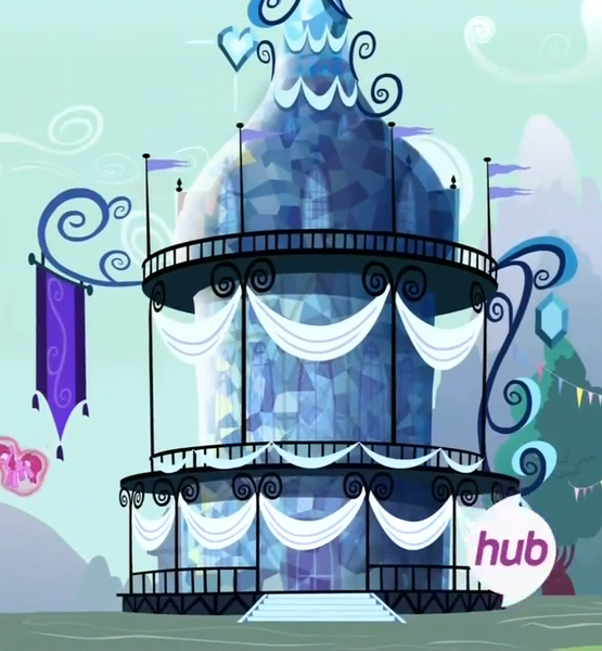 Size: 660x713 | Tagged: berry punch, berryshine, building, cropped, derpibooru import, hub logo, inspiration manifestation, magic, ponyville town hall, safe, screencap, telekinesis, town hall