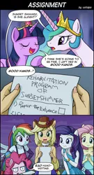 Size: 800x1480 | Tagged: safe, artist:uotapo, derpibooru import, applejack, fluttershy, pinkie pie, princess celestia, rainbow dash, rarity, sunset shimmer, twilight sparkle, twilight sparkle (alicorn), equestria girls, equestria girls (movie), bad handwriting, checklist, comic, element of magic, fall formal outfits, handwriting, look of disapproval, meme, ponied up, scene parody, sleeveless, special eyes, strapless