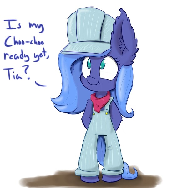 Size: 1100x1200 | Tagged: safe, artist:heir-of-rick, derpibooru import, princess luna, pony, semi-anthro, bipedal, clothes, dialogue, filly, impossibly large ears, overalls, solo, train conductor, woona